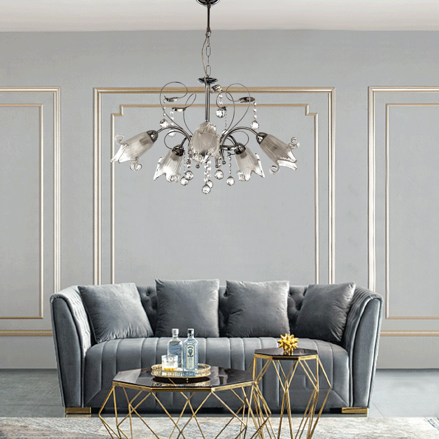 InLight Κρεμαστό φωτιστικό από χρώμιο μέταλλο κρύσταλλα και λευκό γυαλί 5XE14 D:60cm  (5300-5-CH)