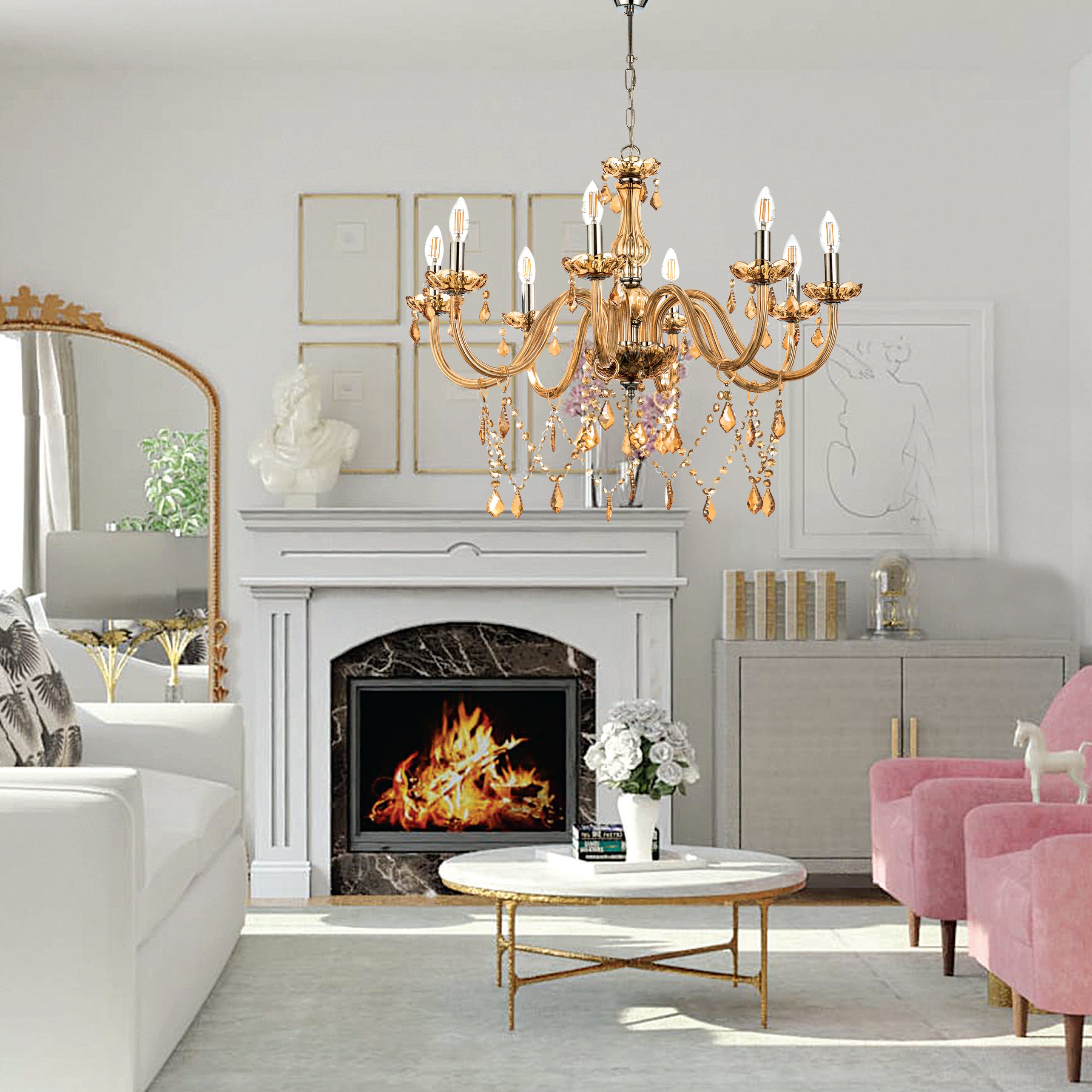 InLight Κρεμαστό φωτιστικό από μελί γυαλί και κρύσταλλα 6XE14 D:68cm (5314-6-AMBER)